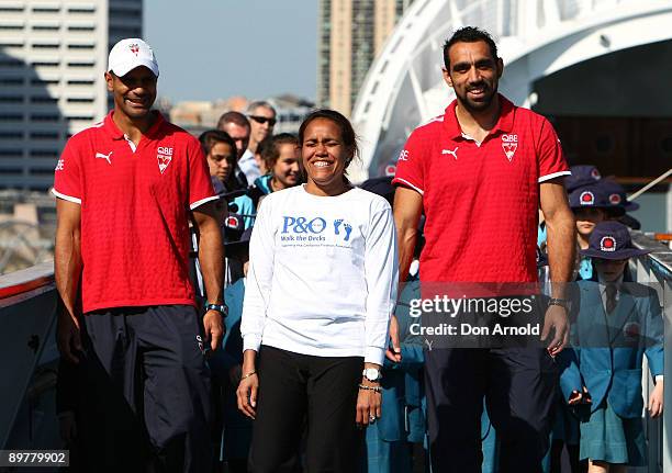 Former athlete Cathy Freeman alongside Michael O'Loughlin and Adam Goodes of the Sydney Swans launches P&O Cruises "Walk The Decks" fundraising...