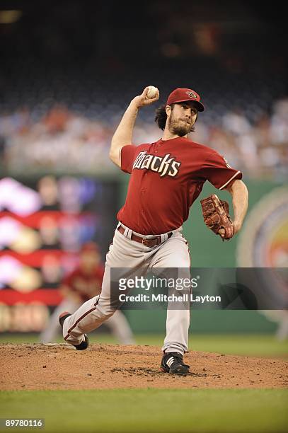 Dan Haren of the Arizona Diamondbacks pitches during a baseball game against the Washington Nationals on August 8, 2009 at Nationals Park in...