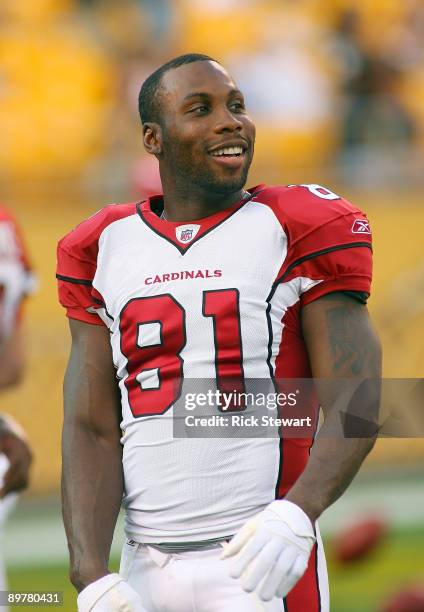 Anquan Boldin of the Arizona Cardinals walks of the field after a preseason NFL game against the Pittsburgh Steelers on August 13, 2009 at Heinz...