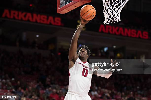 Jaylen Barford of the Arkansas Razorbacks goes up for a lay up during a game against the Oral Roberts Golden Eagles at Bud Walton Arena on December...