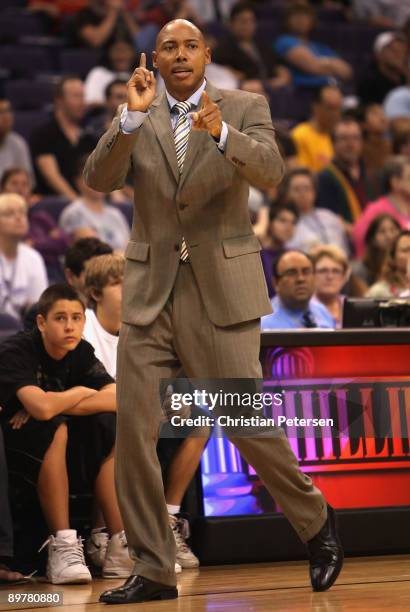 Head coach Corey Gaines of the Phoenix Mercury directs his team during the WNBA game against the San Antonio Silver Stars at US Airways Center on...