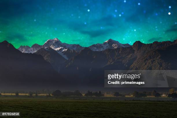 mount cook and lake matheson new zealand with milky way - southern lights stock pictures, royalty-free photos & images