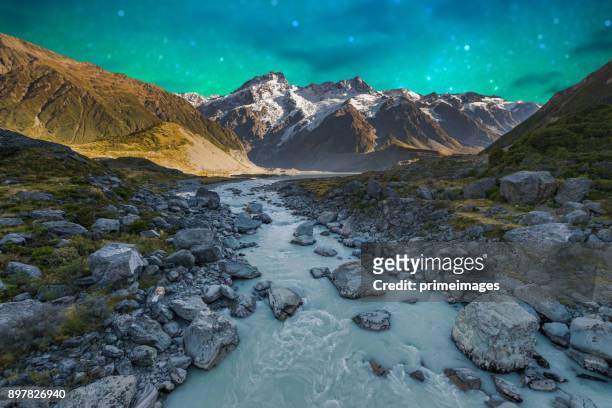 mount cook and lake matheson new zealand with milky way - aurora australis stock pictures, royalty-free photos & images