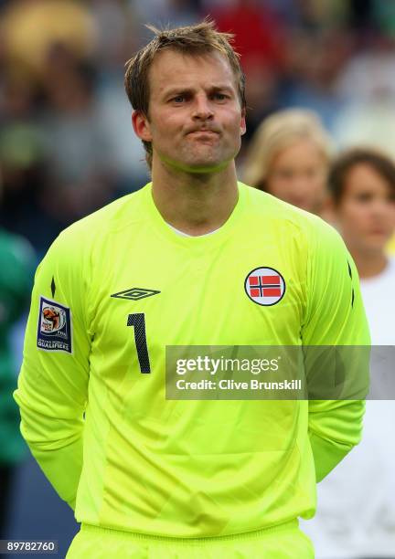 Jon Knudsen of Norway during the FIFA 2010 group nine World Cup Qualifying match between Scotland and Norway at the Ullevaal stadion on August 12,...