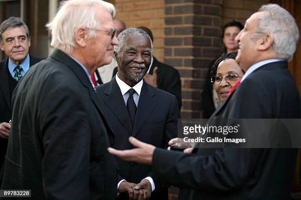 Former President of South Africa Thabo Mbeki and wife Zanele Mbeki talks 2with Essop Pahad at Willem de Klerk's memorial service August 13, 2009 in...