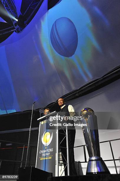 Dr. Mtutuzeli Nyoka the President of Cricket South Africa speaks during the ICC Champions Trophy press conference launch from the Roundhouse,...