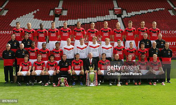 The Manchester United squad pose during the club's official annual photoshoot at Old Trafford on August 14, 2009 in Manchester, England. Back row :...