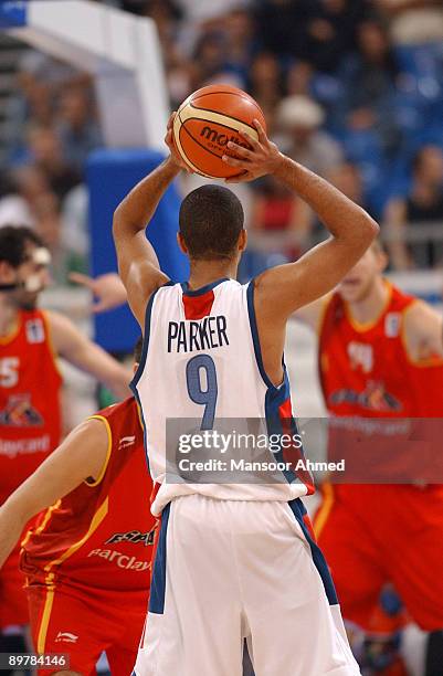 Tony Parker of France surveys his options as his side takes on Spain during the Bronze medal match of the European Basketball Championships at the...