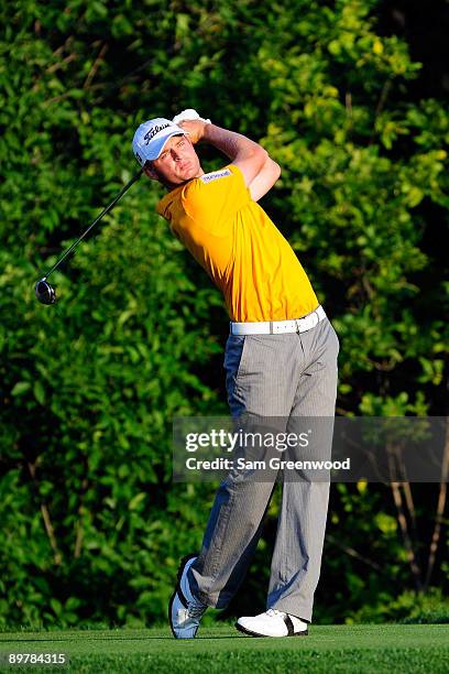 John Merrick hits his tee shot on the tenth hole during the second round of the 91st PGA Championship at Hazeltine National Golf Club on August 14,...