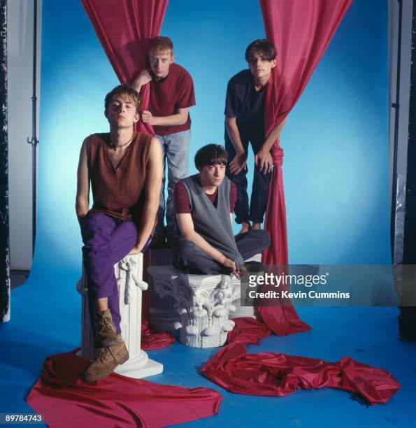 English pop group Blur, July 1991. From left to right, singer Damon Albarn, drummer Dave Rowntree, guitarist Graham Coxon and bassist Alex James.