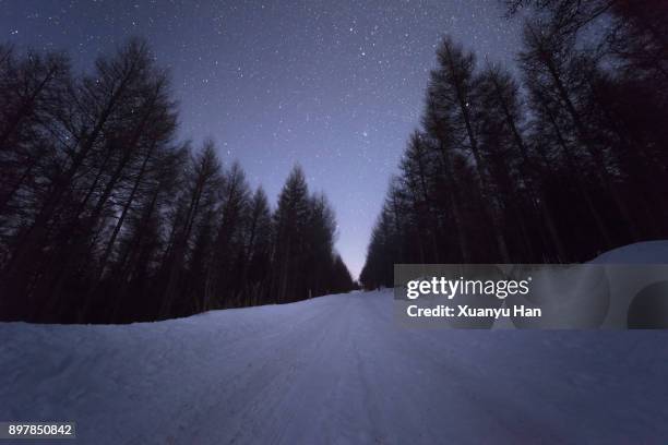 milky way galaxy on clear winter night - snow covered road stockfoto's en -beelden