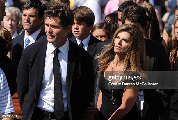 Anthony Shriver and Maria Shriver carry the coffin of their mother Eunice Kennedy Shriver into St. Francis Xavier Church August 14, 2009 in Hyannis,...