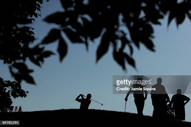 Lucas Glover hits his tee shot on the tenth hole during the second round of the 91st PGA Championship at Hazeltine National Golf Club on August 14,...
