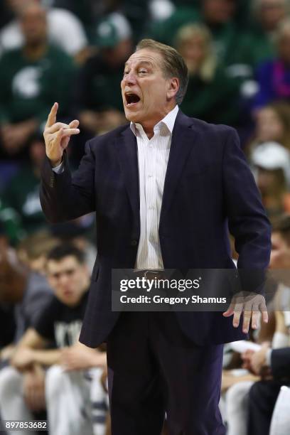 Head coach Tom Izzo of the Michigan State Spartans is seen at the game against the Houston Baptist Huskies at the Jack T. Breslin Student Events...