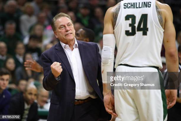 Head coach Tom Izzo of the Michigan State Spartans reacts on the bench while playing the Houston Baptist Huskies at the Jack T. Breslin Student...