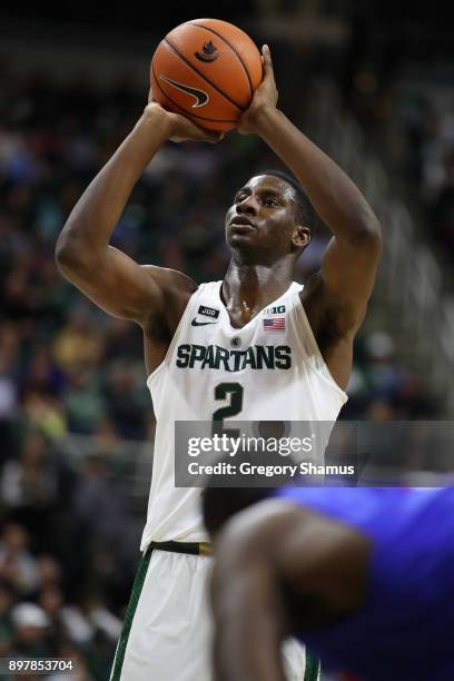 Jaren Jackson Jr. #2 of the Michigan State Spartans shoots a free throw against the Houston Baptist Huskies at the Jack T. Breslin Student Events...
