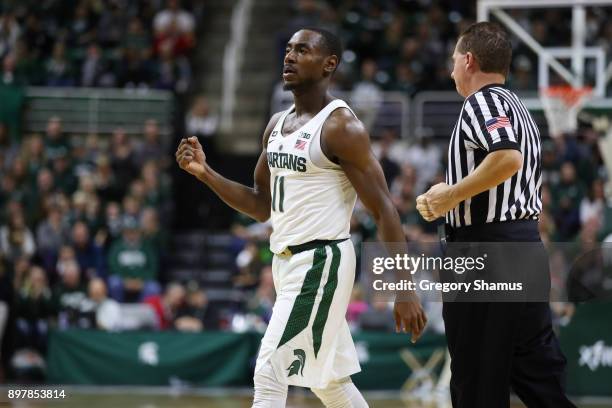 Lourawls Nairn Jr. #11 of the Michigan State Spartans reacts to a play in the game against the Houston Baptist Huskies at the Jack T. Breslin Student...