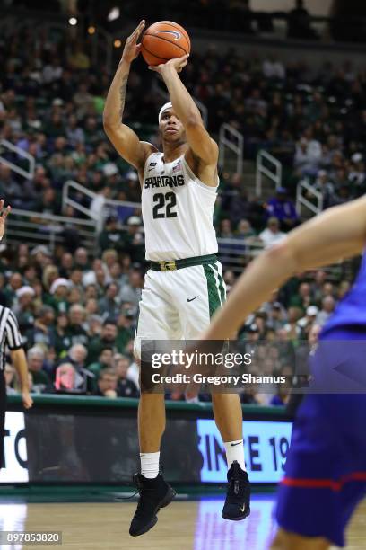Miles Bridges of the Michigan State Spartans takes a second half jump shot while playing the Houston Baptist Huskies at the Jack T. Breslin Student...