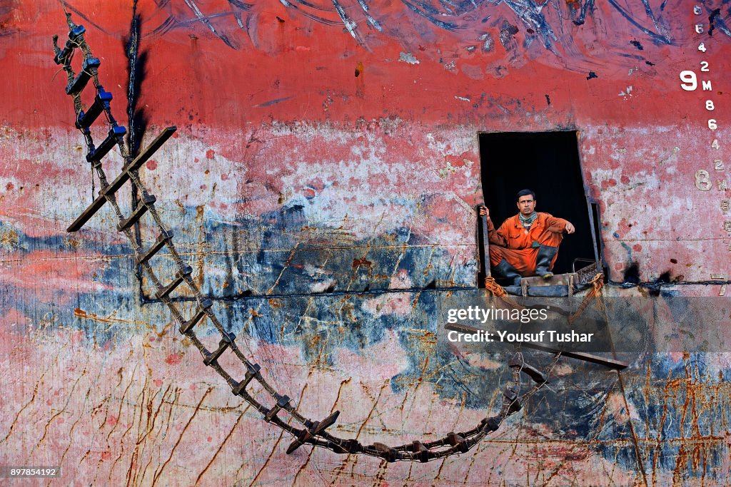 Ship breaking laborers working at Sitakundo ship breaking...