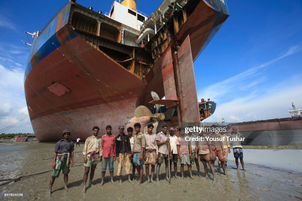 Ship breaking laborers working at Sitakundo ship breaking...