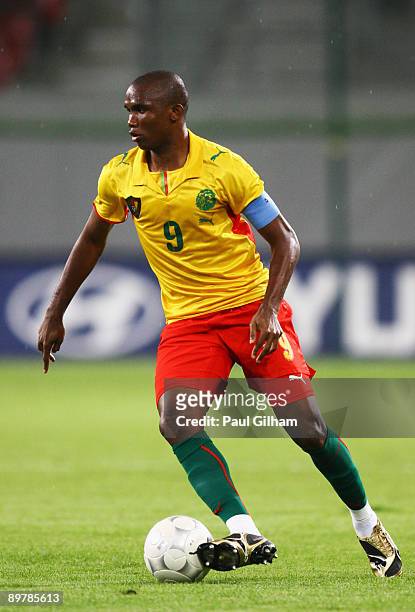 Samuel Eto'o of Cameroon in action during the International Friendly match between Austria and Cameroon at Stadion Klagenfurt on August 12, 2009 in...