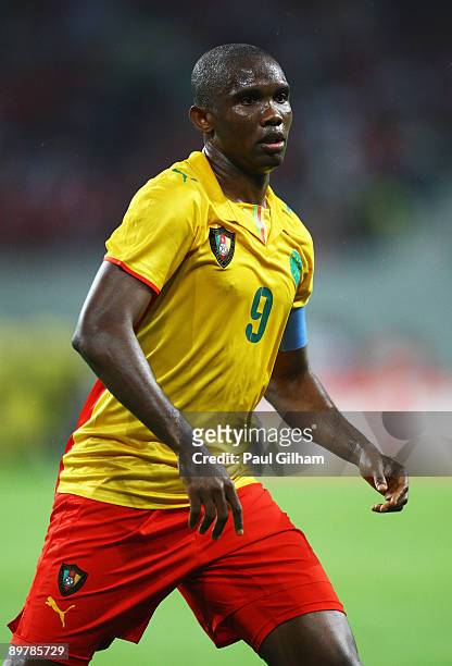 Samuel Eto'o of Cameroon in action during the International Friendly match between Austria and Cameroon at Stadion Klagenfurt on August 12, 2009 in...
