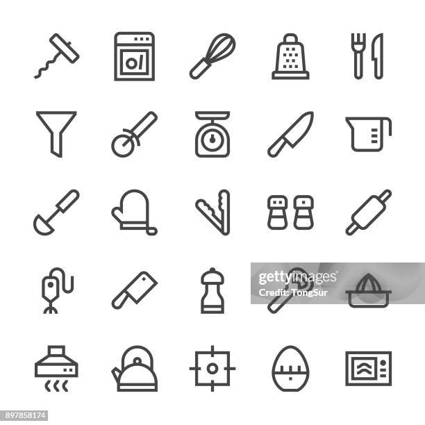 kitchen utensil icons set1 - mediumx line - utensil stock illustrations