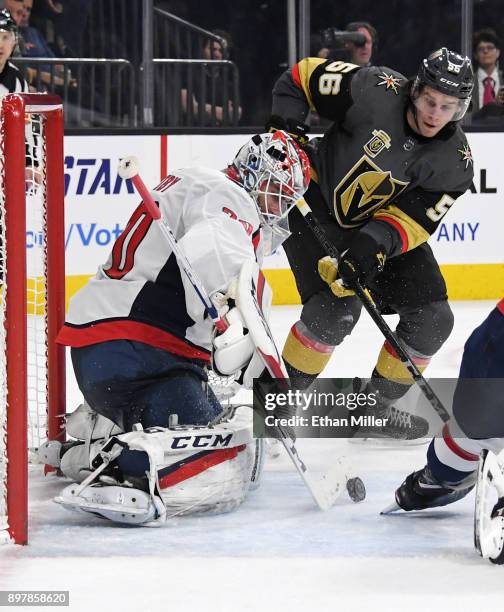 Braden Holtby of the Washington Capitals blocks a shot by Erik Haula of the Vegas Golden Knights during the second period of their game at T-Mobile...