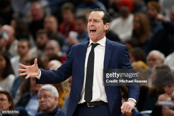 Head coach Kenny Atkinson of the Brooklyn Nets reacts against the Indiana Pacers during the second half at Bankers Life Fieldhouse on December 23,...
