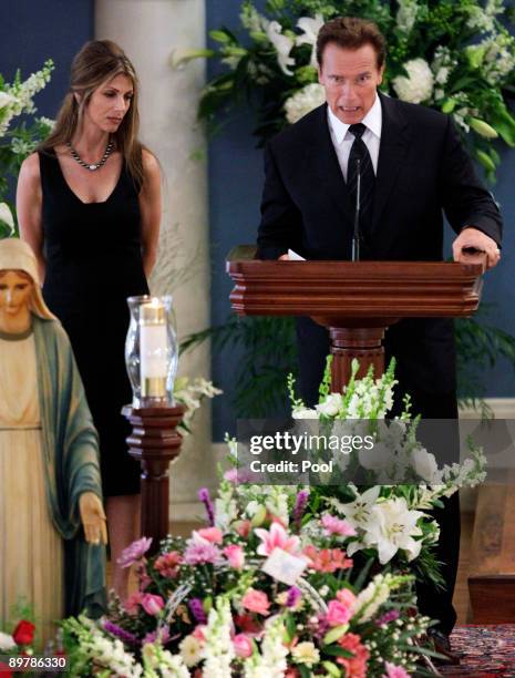 Califrornia Gov. Arnold Schwarzenegger speaks at the funeral of Eunice Kennedy Shriver at St. Xavier Church August 14, 2009 in Hyannis,...