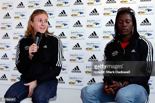 Athletes Sally McLellan and Delloreen Ennis-London attend the Adidas Press Conference at the Radisson Blue Hotel prior to 12th IAAF World Athletics...