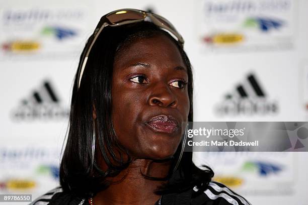 Athlete Delloreen Ennis-London attends the Adidas Press Conference at the Radisson Blue Hotel prior to 12th IAAF World Athletics Championships on...