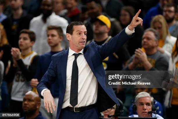 Head coach Kenny Atkinson of the Brooklyn Nets directs his team against the Indiana Pacers during the second half at Bankers Life Fieldhouse on...