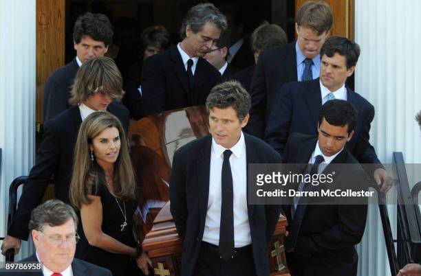 Bobby Shriver , Patrick Schwarzenegger , Maria Shriver , Anthony Shriver Mark Shriver and Bobby Shriver help to carry the coffin of Eunice Kennedy...