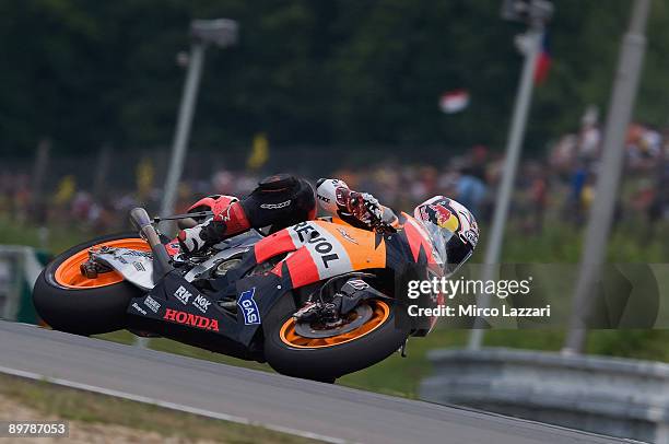 Andrea Dovizioso of Italy and Repsol Honda Team rounds the bend during free practice of the MotoGP World Championship Grand Prix of Czech Republic on...