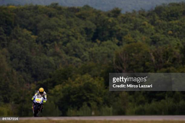 Valentino Rossi of Italy and Fiat Yamaha Team heads down a straight during free practice of the MotoGP World Championship Grand Prix of Czech...