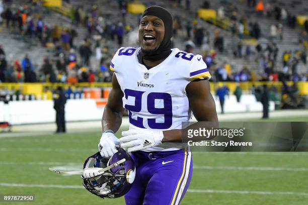 Xavier Rhodes of the Minnesota Vikings leaves the field following a game against the Green Bay Packers at Lambeau Field on December 23, 2017 in Green...