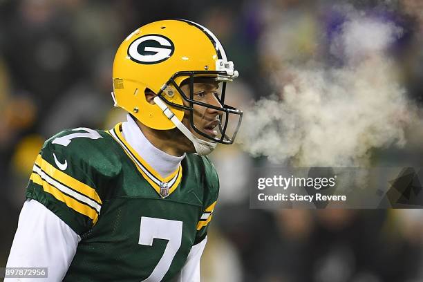 Brett Hundley of the Green Bay Packers calls a play during the second half against the Minnesota Vikings at Lambeau Field on December 23, 2017 in...