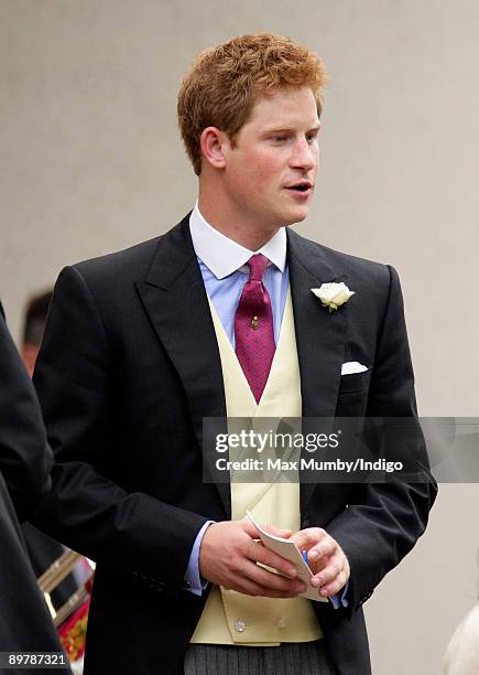 Prince Harry attends the wedding of Nicholas van Cutsem and Alice Hadden-Paton at The Guards Chapel, Wellington Barracks on August 14, 2009 in...