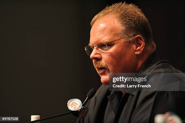Head coach Andy Reid of the Philadelphia Eagles speaks at a press conference introducing Michael Vick at the NovaCare Complex on August 14, 2009 in...