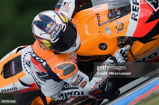 Andrea Dovizioso of Italy and Repsol Honda Team rounds the bend during free practice of the MotoGP World Championship Grand Prix of Czech Republic on...