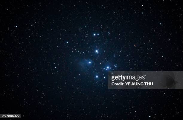 This long exposure picture taken on December 23, 2017 shows the pleiades, as seen from Bago, located 91 kilometres north-east of Yangon. / AFP PHOTO...