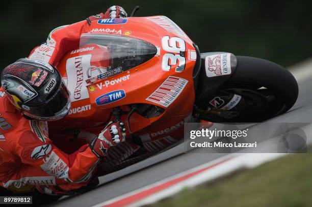 Mika Kallio of Finland and Ducati Malboro Team rounds the bend during the free practice of the MotoGP World Championship Grand Prix of Czech Republic...