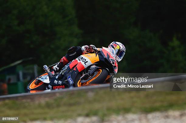 Andrea Dovizioso of Italy and Repsol Honda Team rounds the bend during free practice of the MotoGP World Championship Grand Prix of Czech Republic on...