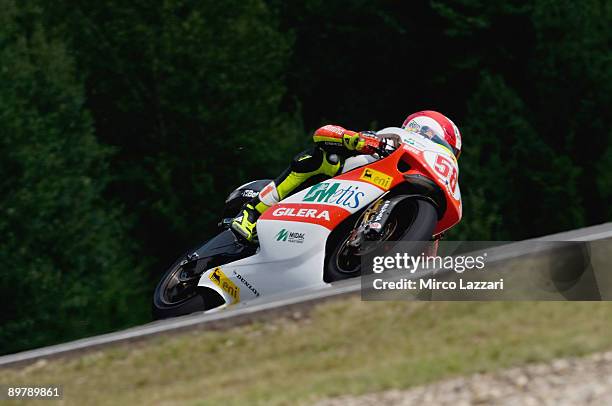 Marco Simoncelli of Italy and Metis Gilera rounds the bend during free practice of the MotoGP World Championship Grand Prix of Czech Republic on...