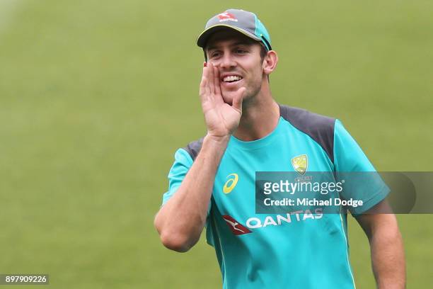 Mitchell Marsh of Australia reacts during an Australian nets session at the Melbourne Cricket Ground on December 24, 2017 in Melbourne, Australia.