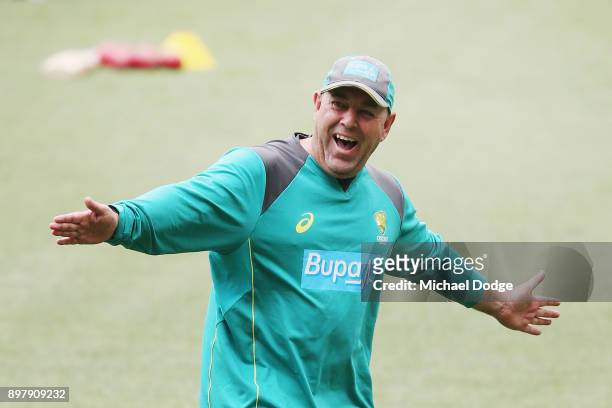 Coach Darren Lehmann reacts during an Australian nets session at the Melbourne Cricket Ground on December 24, 2017 in Melbourne, Australia.