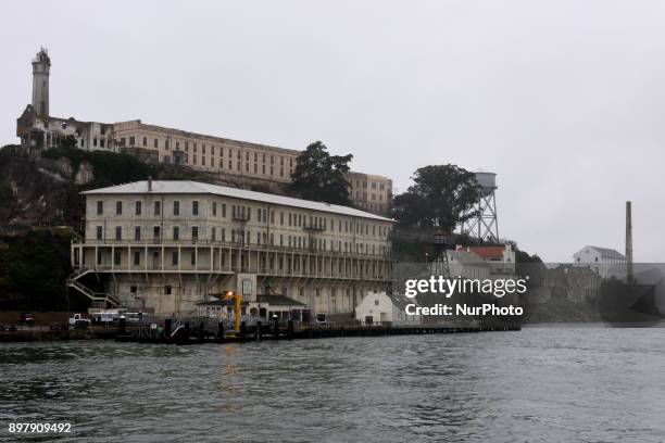 General view of Alcatraz Federal Penitentiary from San Francisco Bay, California on November 16'th, 2017.