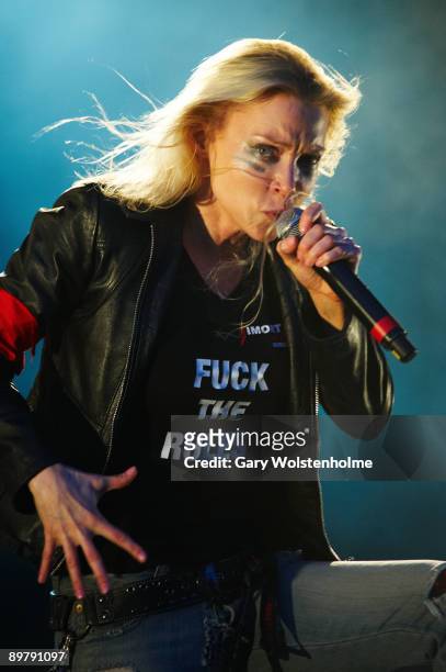 Angela Gossow of Arch Enemy performs on stage on the first day of Bloodstock Open Air festival at Catton Hill on August 14, 2009 in Derby, England.