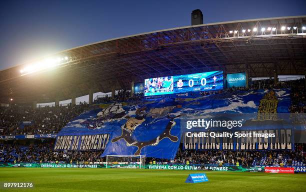 Tifo banner hangs in the stands prior to the La Liga match between Deportivo de La Coruna and Celta de Vigo at Abanca Riazor Stadium on December 23,...